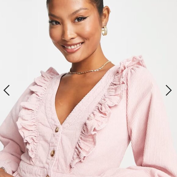 Miss Selfridge petite ruffle yolk corduroy dress in pink - Picture 4 of 6